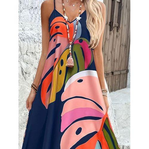 Kadın Ip Askılı V Yakalı Desenli Süprem Maxi Elbise