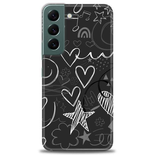 Samsung Galaxy S22 Kılıf HD Baskılı Kılıf - Siyah Kalp ve Notalar + Tam Ekran Koruyucu