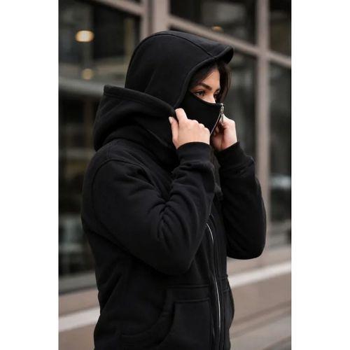 Maskeli Ninja Model Çift Kapüşonlu 3 İplik Şardonlu Fermuarlı Oversize Sweatshirt - Siyah