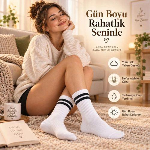 Unisex Beyaz Çorap Siyah Çizgili 12'li Set Uzun Soket Günlük Spor Kolej Stil Kadın Erkek Çorabı