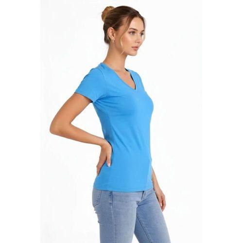 T-Shirt V Yaka Slim Fit Likralı Tişört Günlük Basic Body - Açık Mavi