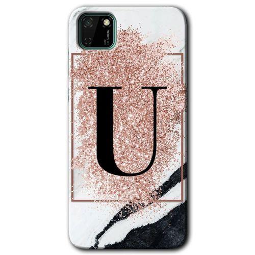 Huawei Y5P Kılıf HD Desen Baskılı Arka Kapak - Pembe Mermer Desenli U Harfi