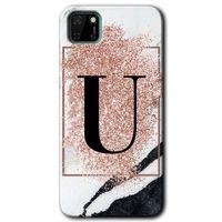 Huawei Y5P Kılıf HD Desen Baskılı Arka Kapak - Pembe Mermer Desenli U Harfi