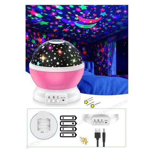 Pembe Dönen Renkli Ay Yıldızlı Gökyüzü Yansıtmalı Projeksiyon Gece Lambası Çocuk Bebek Parti Odası