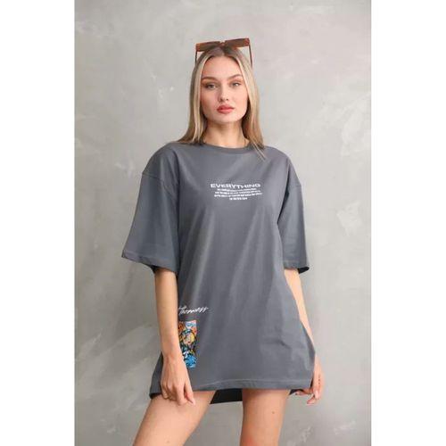 Pilelistore Unisex Bisiklet Yaka Baskılı Oversize T-Shirt - Gri