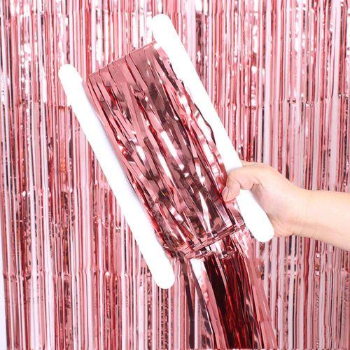 Ekstra Metalize Parlak Saçaklı Arka Fon Perde Rose Gold