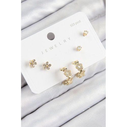 Pirinç Zirkon Taşlı Halka Model Gold Renk 925 Ayar Gümüş Çivi Kadın Küpe Set