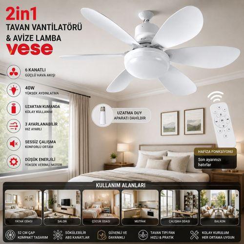 6 Kanatlı Kumandalı 2in1 Tavan Vantilatör Avize 40W