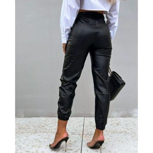 Kadın Pantolon Paçası Lastikli Deri Pantolon (kemersiz)