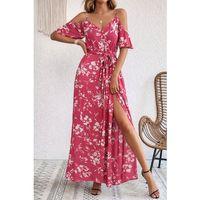 Kadın Ip Askılı Kısa Kollu Kruvaze Yakalı Yırtmaçlı Desenli Süprem Elbise