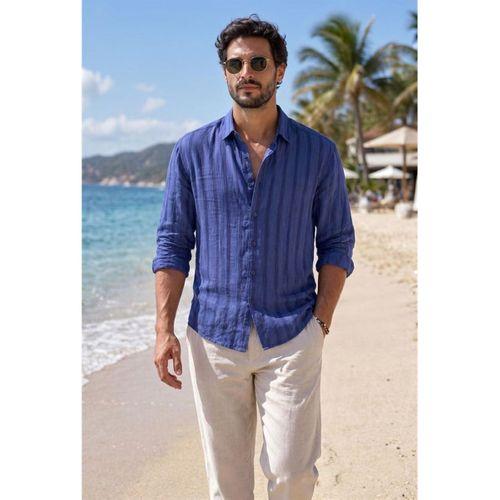 Ralph Çizgi Desenli Yumuşak Dokulu Rahat Kalıp Yazlık Erkek Gömlek - Lacivert