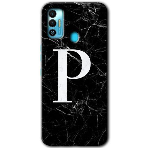 Tecno Spark 7T Kılıf HD Desen Baskılı Arka Kapak+Temperli Cam - Siyah Mermer Desenli P Harfi