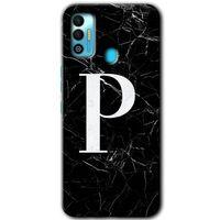 Tecno Spark 7T Kılıf HD Desen Baskılı Arka Kapak+Temperli Cam - Siyah Mermer Desenli P Harfi