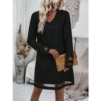 Kadın Uzun Kollu V Yakalı Tül şerit Detaylı Mini Krep Elbise