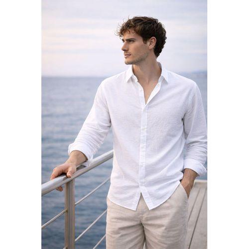 Pera Kumaş Keten Görünümlü Yarım Oversize Uzun kollu Erkek Gömlek - Beyaz