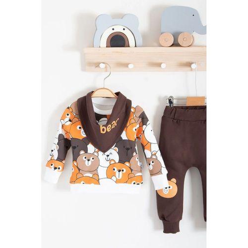 Family Bears Desenli 3'lü Fularlı Erkek Bebek Takımı