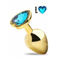 Paslanmaz Çelik Mavi Kalpli Mücevher Taşlı Pürüzsüz Gold Metal Anal Butt Plug - Büyük Boy