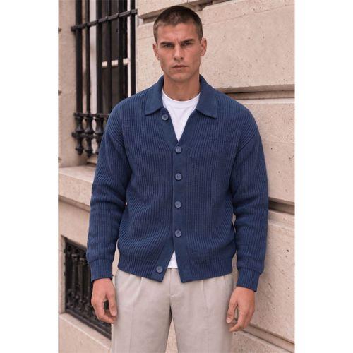 Palermo Oversize Selanik Örgü Düğmeli Erkek Triko Hırka - İndigo