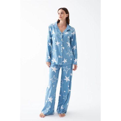 Kadın Mavi Yıldız Desenli Düğmeli Pamuklu Pijama Takımı
