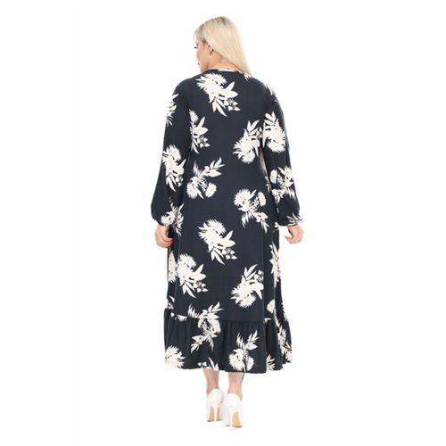 Melsay Butik Kışlık Robalı Yumoş Uzun Kollu Siyah Beyaz Yaprak Desenli Elbise