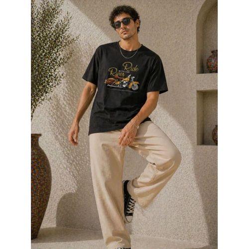 Erkek Motosiklet Baskılı Tişört Bisiklet Yaka Kısa Kol Yazlık T-Shirt - Siyah