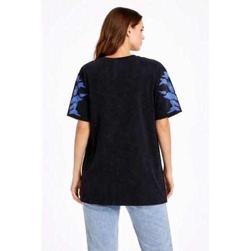 Asit Yıkamalı Oversize Tişört Mavi Kelebek Baskılı Dijital Print Bisiklet Yaka Streetwear T-Shirt - Siyah