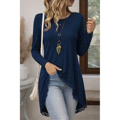 Kadın Uzun Kollu Bisiklet Yaka Asimetrik Kesim Detaylı Dantelli Viskon Bluz