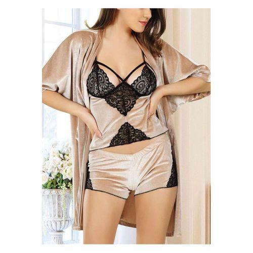 Vizon Kadife Dantelli Sabahlık & Gecelik Takım 3' Lü - 1398