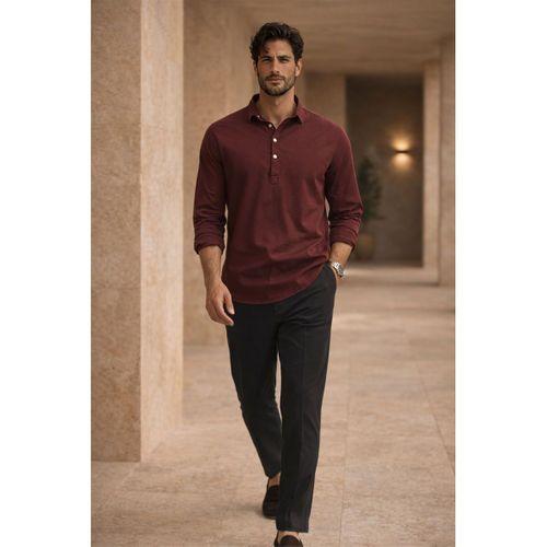 Yarım Pat Yakalı York Pamuk Kumaşlı Uzun Kollu Erkek Gömlek - Bordo