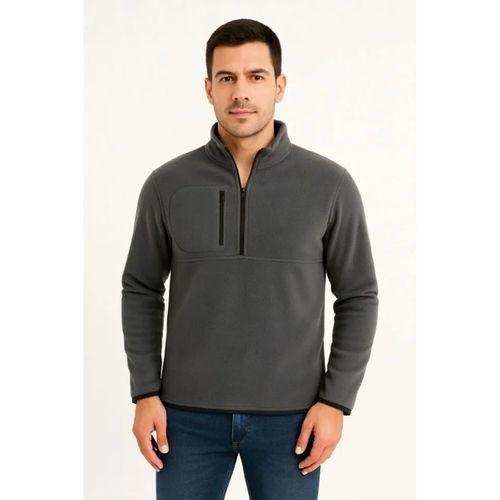 Erkek Polar Kazak Dik Yaka Yarım Fermuarlı Fermuarlı Göğüs Cepli Siyah Biyeli - Füme