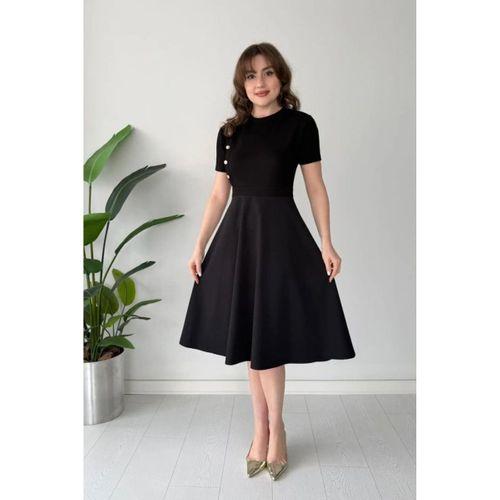 Kadın Kısa Kollu Bisiklet Yaka Gold Düğme Detay Midi Boy Elbise