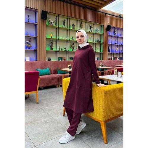 Kapşonlu Yandat Çıtçıtlı Sade Basic Uzun Tunik ve Pantolon İkili Spor Takım - 03071.020 - Mürdüm