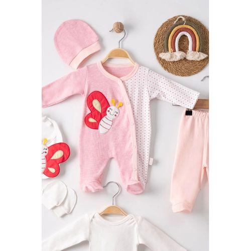 Kelebek Nakışlı Puanlı Tulumlu % 100 Pamuk Kız Bebek 5'li Set