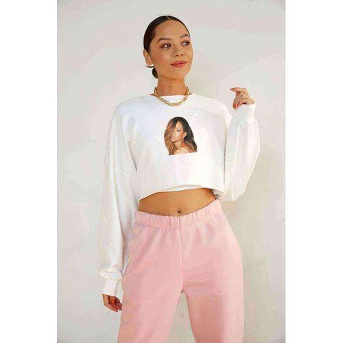 Rihanna 4k Music Müzik Baskılı Crop Kadın Beyaz Sweatshirt