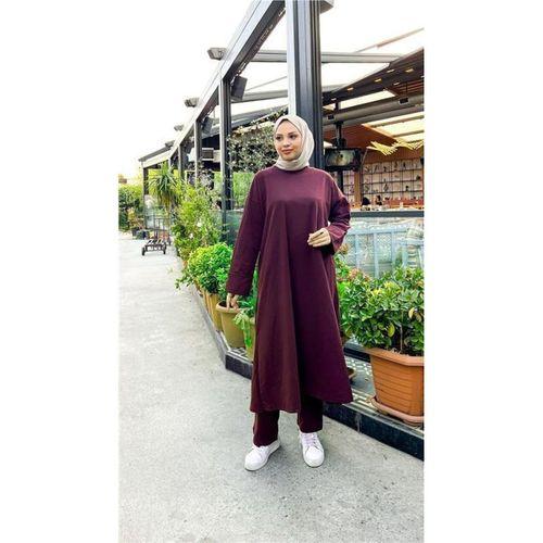 O Yaka Yırtmançlı Uzun Geniş Rahat Tunik Pantolon Sade Basic Spor Takımı - 03040.020 - Mürdüm