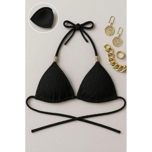 Siyah Pedli Üçgen Bikini Üstü Halter Bağlamalı Aksesuarlı Esnek Kumaş Kadın Mayo Üstü