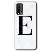 BeRa Aksesuar Xiaomi Redmi 9T Kılıf Baskılı Kapak - Beyaz Mermer Desenli E Harfi +Tam Kaplayan Mat Seramik