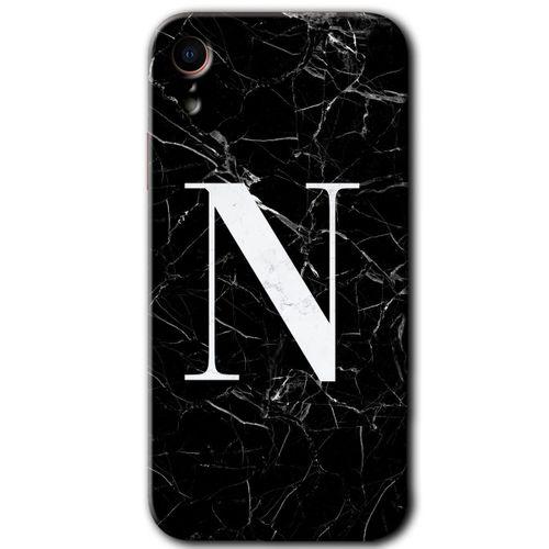 iPhone XR Kılıf HD Desen Baskılı Arka Kapak - Siyah Mermer Desenli N Harfi + Kırılmaz Cam