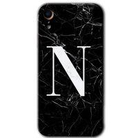 iPhone XR Kılıf HD Desen Baskılı Arka Kapak - Siyah Mermer Desenli N Harfi + Kırılmaz Cam