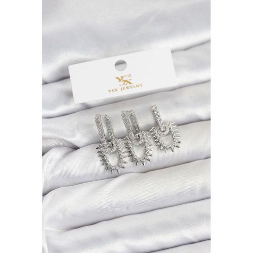 Pirinç Gümüş Renk Zirkon Taşlı Vintage Model YSX Trio Küpe Seti