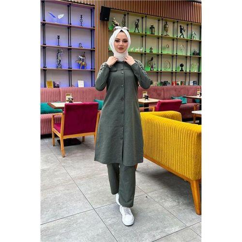 Kapşonlu Düğmeli Sade Basic Uzun Tunik ve Pantolon İkili Spor Takım - 03072.005 - Haki