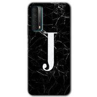 Huawei P Smart 2021 Kılıf HD Desen Baskılı Arka Kapak - Siyah Mermer Desenli J Harfi + Kırılmaz Cam