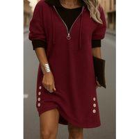 Kadın Uzun Kollu Kapşonlu önden Fermuarlı Düğmeli Mini Iki Iplik Elbise