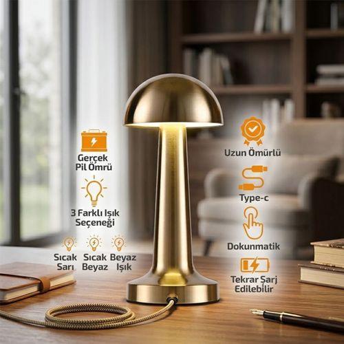 Oval Metal Mantar Masa Lambası - Dokunmatik Type-C 3 Mod