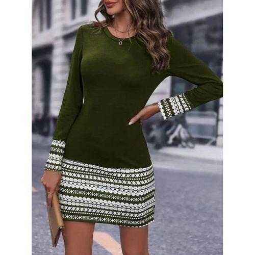 Kadın Uzun Kollu Bisiklet Yaka Kol Ağzı Ve Etek Ucu Baskılı Iki Iplik Elbise