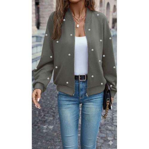 Kadın Uzun Kollu önden Fermuarlı Incili Kısa Modal Ceket