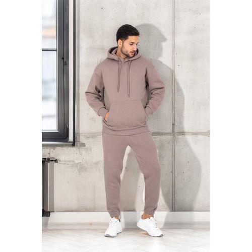 Şardonlu Kanguru Cepli Sweatshirt - 3 İplik Şardonlu Lastik Paça Erkek Eşofman Altı- Eşofman Takımı - Vizon