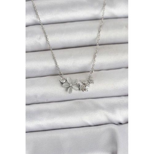 316L Çelik Zincir Gümüş Renk Çiçek ve Kelebek Model Kadın Kolye
