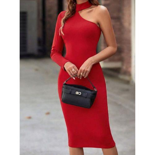 Kadın Tek Omuzdan Açık Uzun Kollu Balıkçı Yaka Midi Ithal Krep Elbise