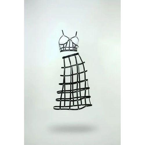 Siyah Etek Suni Deri Etek Kafes Detaylı Etek Midi Boy Deri Etek - Brf1013